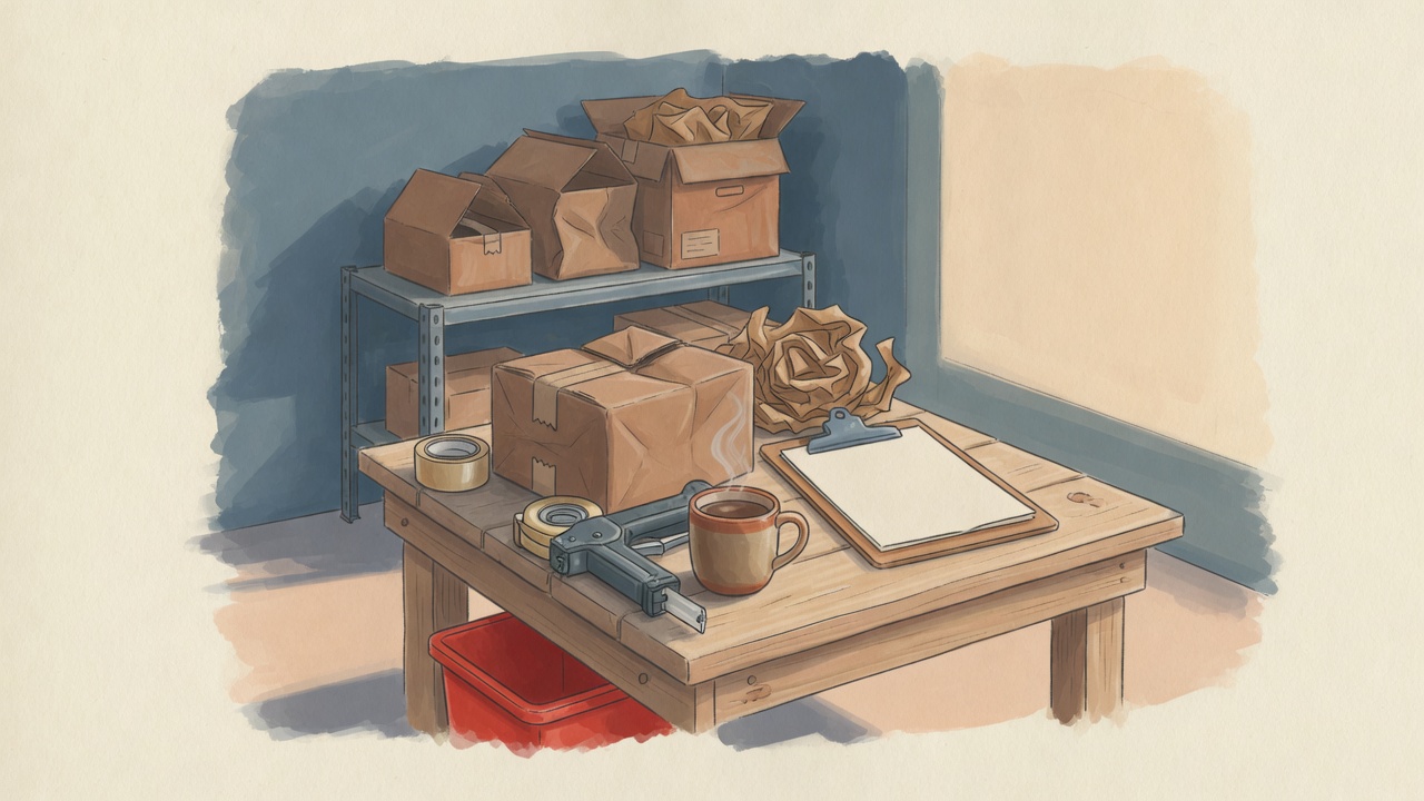 A packing bench on a hard day, with tape, crumpled paper, and a red bin