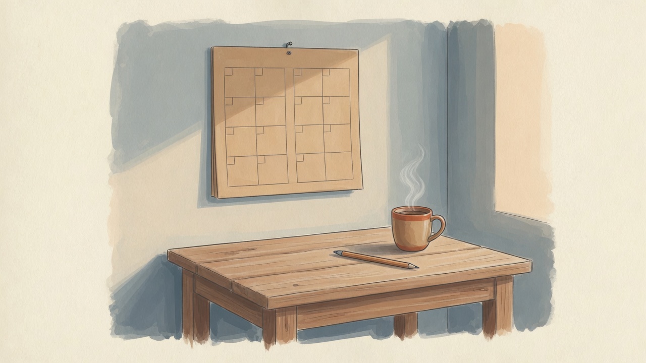 A two week calendar on a wooden desk