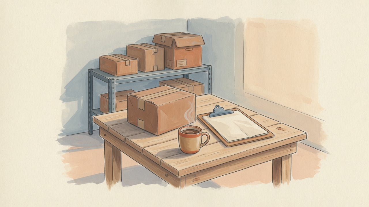 A quiet packing bench with a carton, coffee, and a clipboard