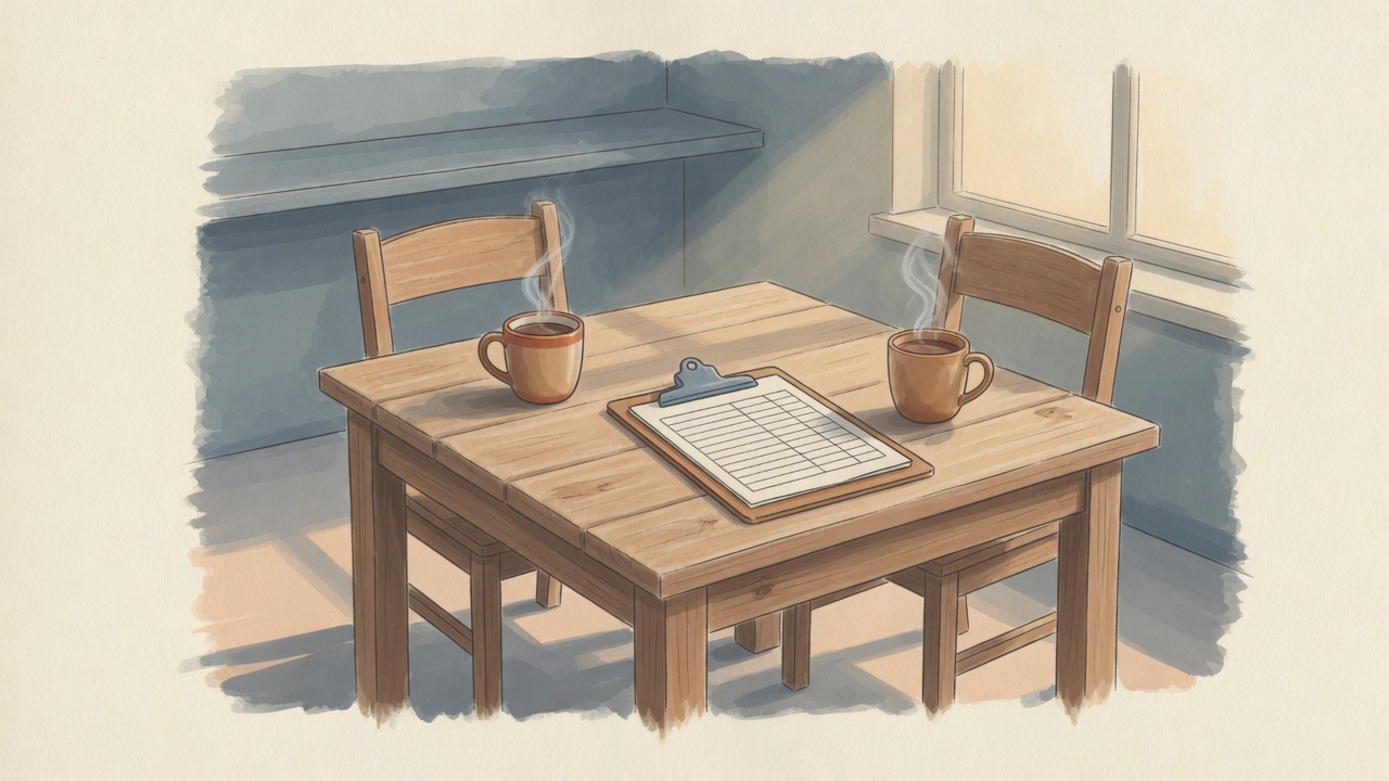 Two coffee mugs and a scorecard on a wooden table