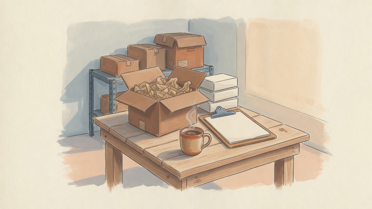 An open carton and a clipboard on a packing bench