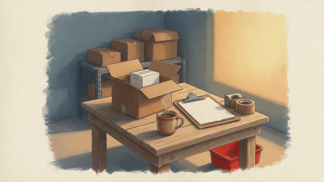 An open return carton, tape, a clipboard, and a red bin under the packing bench