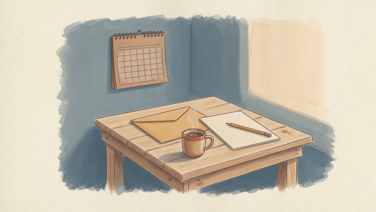 A wooden desk with a blank note, an envelope, and coffee, waiting on a vendor